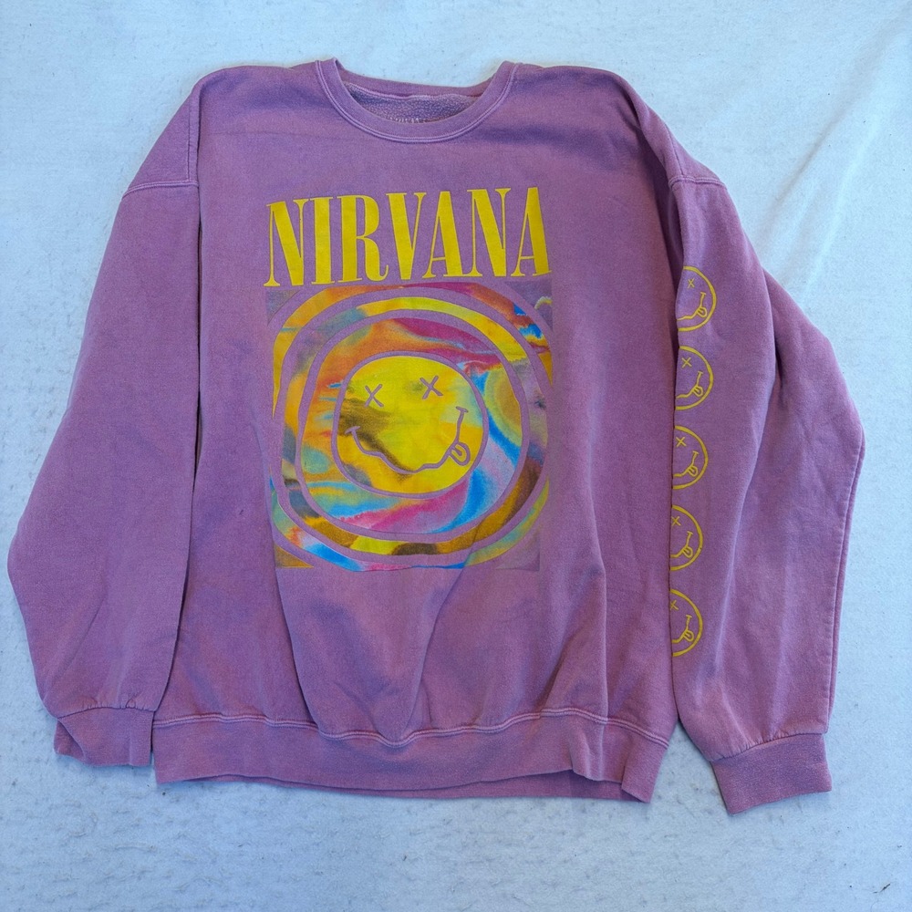 Nirvana Sweatshirt Unisex S/M Pink Smiley Face Graphic Sleeve Print